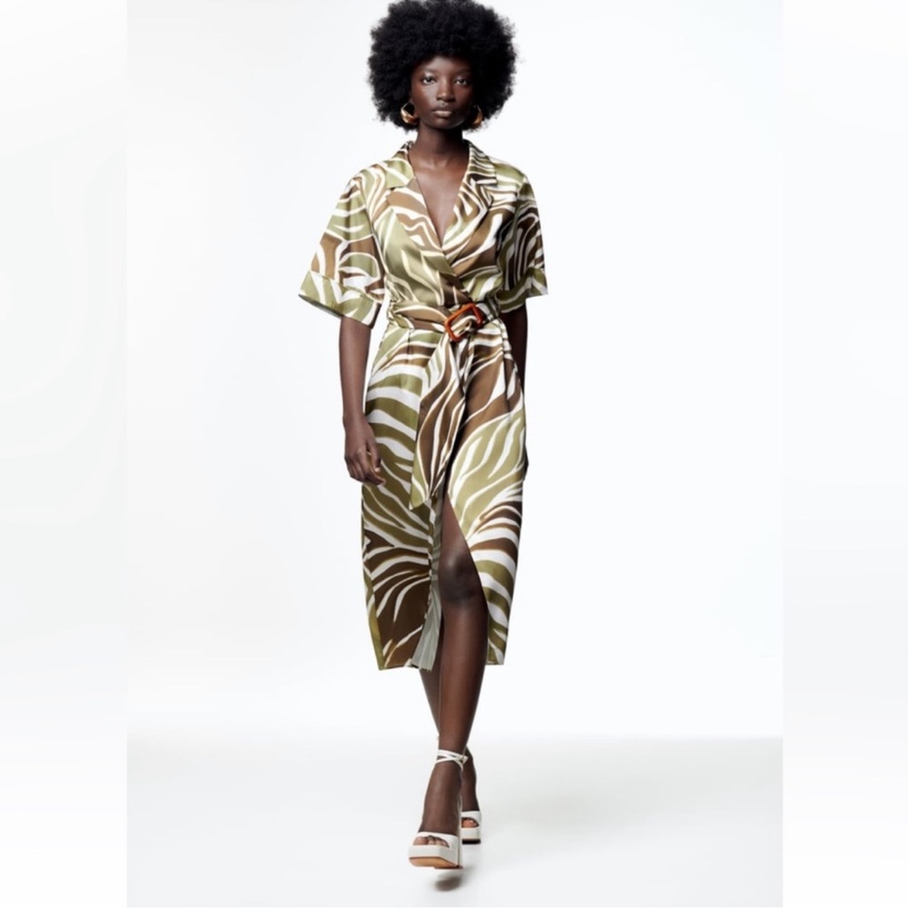 Zara Zebra Animal Print Belted Wrap Shirt Dress XS